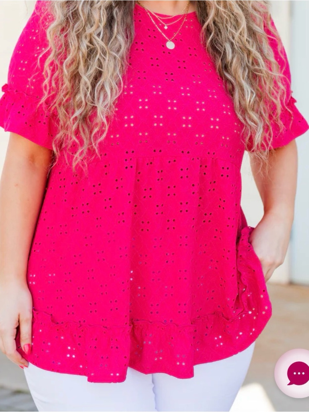 Chic Soul Hot Pink Eyelet Ruffled Blouse